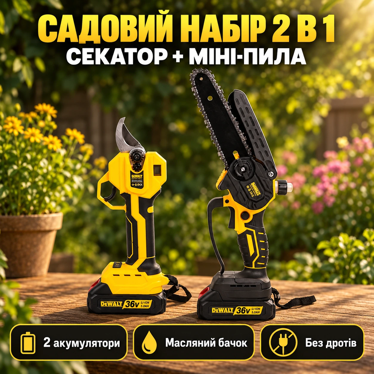Секатор та міні-пила з двома акумуляторами